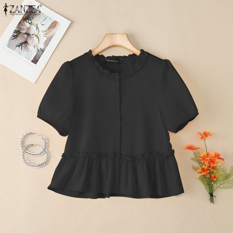 ZANZEA Kvinner Casual Rund Hals Sommer Kort Erm Bluse
