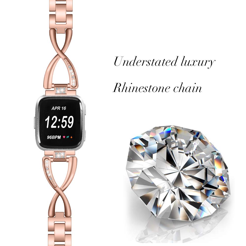 

Rhinestone Decor X Shape Stainless Steel Watch Band Strap for Fitbit Versa/Versa Lite Rose Gold