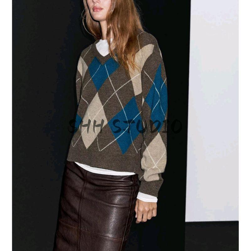 MD Autumn Women clothes Preppy Fleece Blended Diamond Plaid Retro V-neck Sweater Knit 5692593