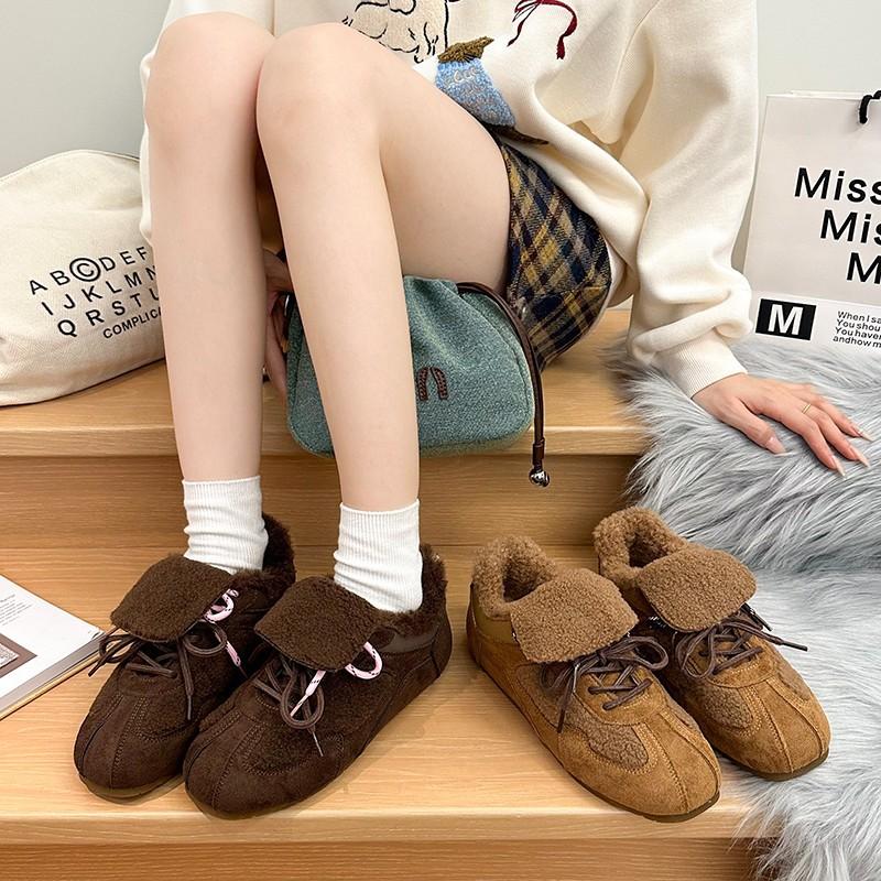 Retro Soft-soled Flat-soled Velvet German Training Shoes for Women's 2025 Winter New Inner Height-increasing Fluffy Shoes Versatile Warm Cotton Shoes