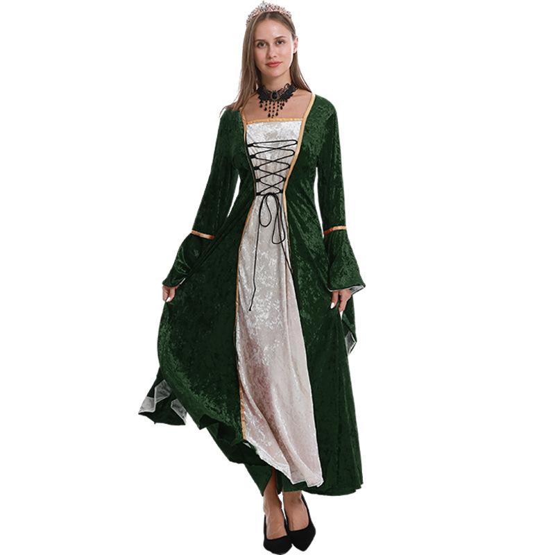 Hot Sale Women's Medieval Costumes Golden Velvet Straps Horn Sleeves Long Dresses Party Stage Performance Costumes