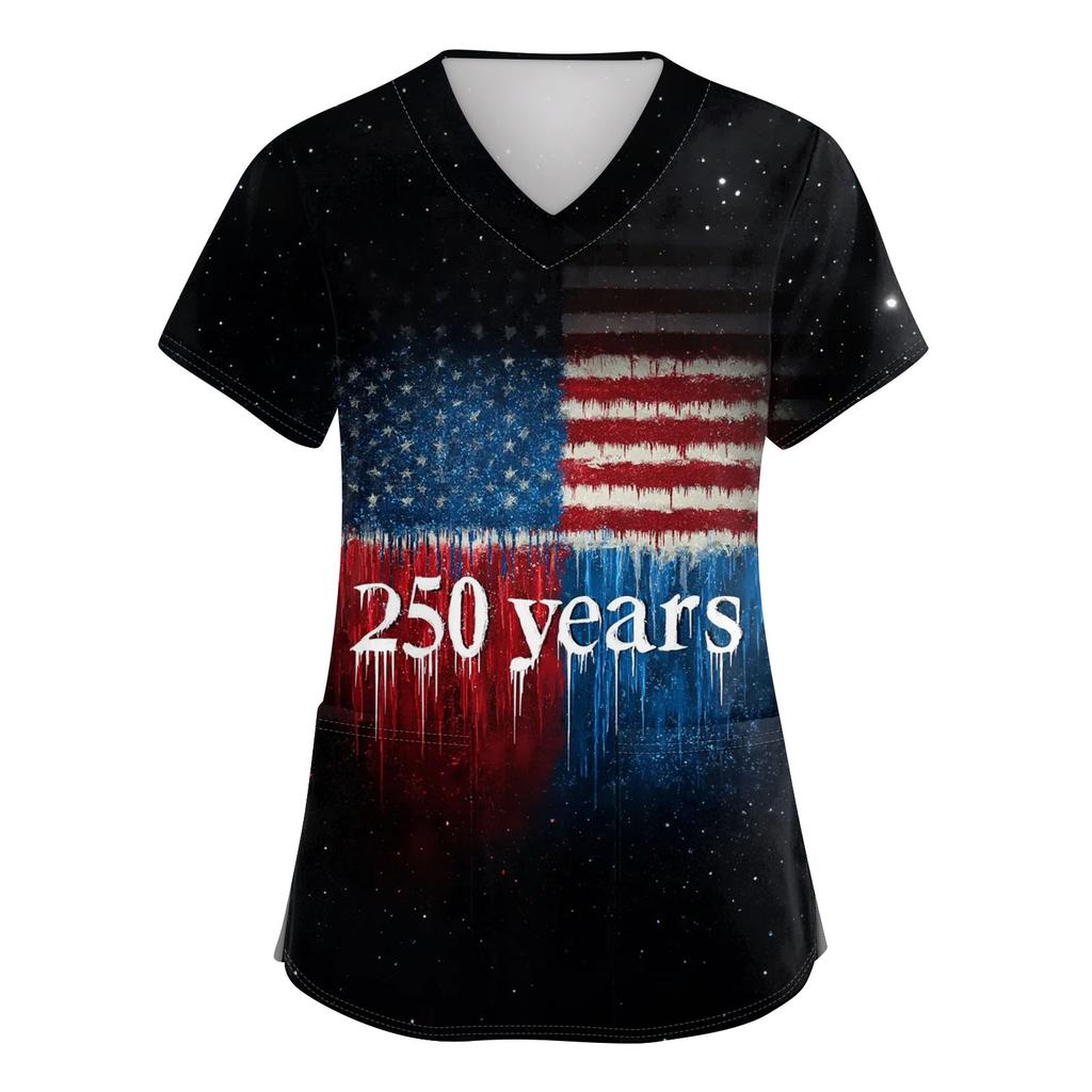 Damen V-Ausschnitt Unabhängigkeitstag Aufdruck Kurzarm Tasche Seitenöffnung Schutzkleidung Arbeitshemd