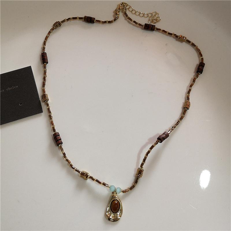 Vintage Leather Brown Stone Sun Pendant Beaded Choker Clavicle Chain Necklace For Women Unique Personalized Grunge Jewelry