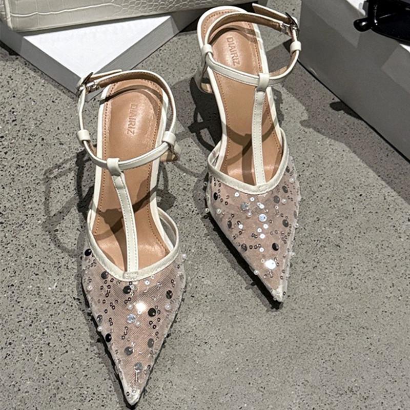 Fashion Sexy Pointy Toe Mesh Heeled Sandals Women Luxury Bling Decorated High Heels Elegant T-Strap Ankle Strap Buckle Party Dress Shoe