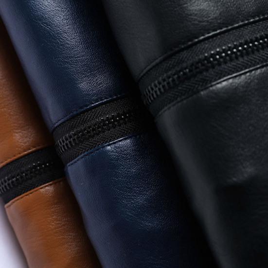 Men Fall Winter Jacket Vinatge Smooth Faux Leather Windproof Plus Size Stand Collar Solid Color Long Sleeve Zipper Closure