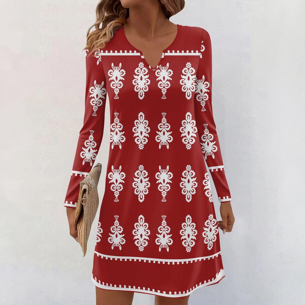 Women's Long-sleeved Casual Midi Dresses V-Neck Print  Casual Dress