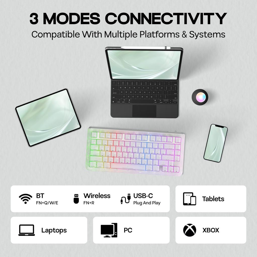 KiiBOOM Jade75 Resin Molded Wireless Mechanical Keyboard with RGB Wireless Gaming Compatible 75% CNC+UV Backlight, BT5.0/USB-C/2.4GHz Keyboard,