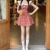 Sweet Red Plaid Summer Academic Style Waist-Cinched Short Dress