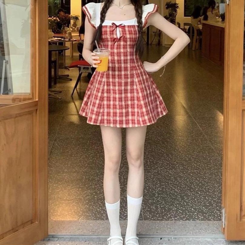 Sweet Red Plaid Summer Academic Style Waist-Cinched Short Dress