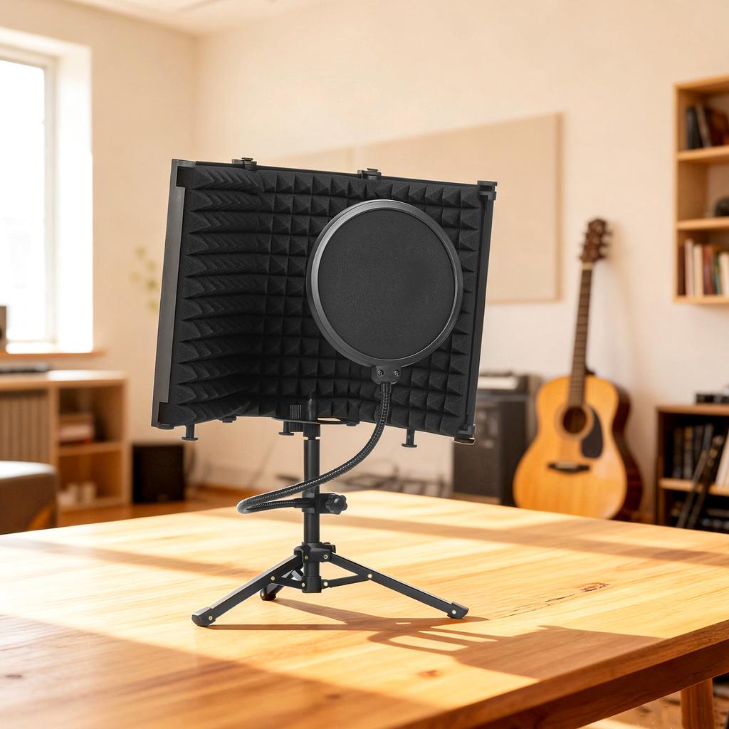 Studio Microphone Isolation Shield with Pop Filter and Tripod Stand, Foldable Adjustable Recording Studio Equipment