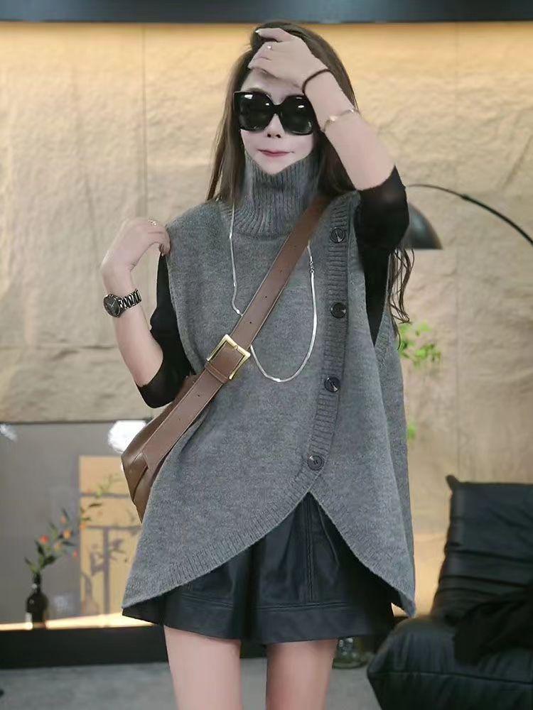 Women's Irregular Knit Sleeveless Sweater Vest - Autumn/Winter 2024, Loose Fit with Half-High Neck