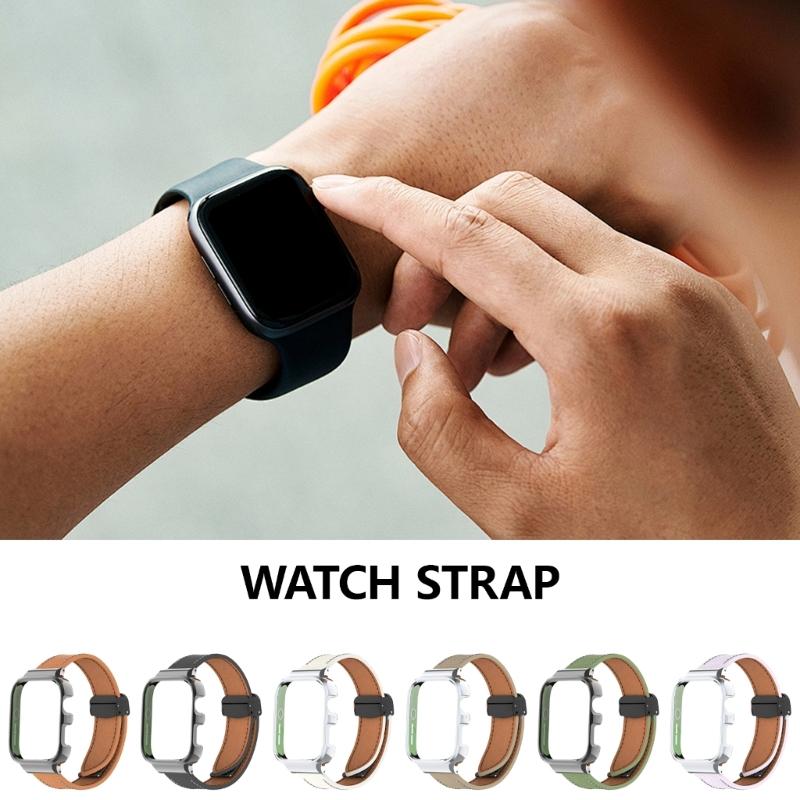 Leather Watch Band Replacement Band Lychee Texture Strap for Fit 3 Wristband Sweatproof Bracelet with Metal Frame