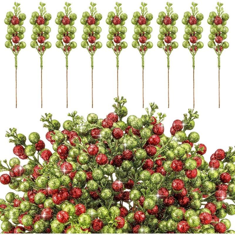 

10/20Pcs Sparkling Christmas Berry Stem Red Green Artificial Holly Berry Xmas Tree Hanging Decoration for Wreath Craft Navidad 10Pcs