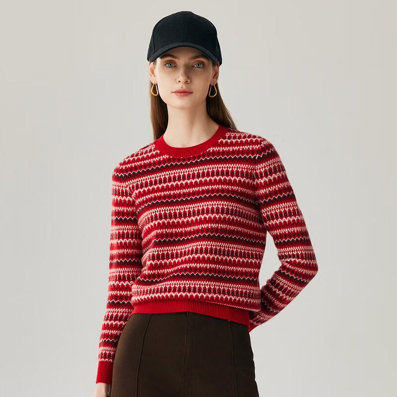 Zhaojun Women's Cherry Red Fair Isle Jacquard Cashmere Sweater