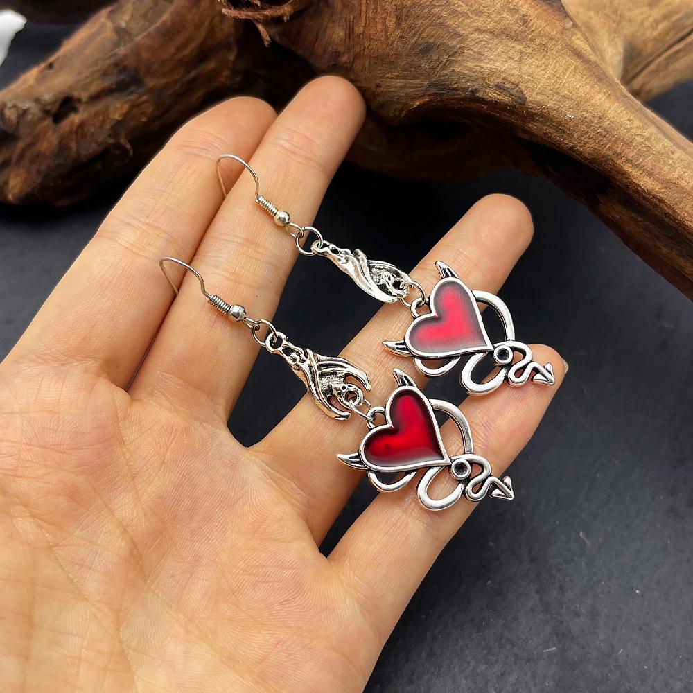 Dark Gothic Punk Bat Demon Heart Necklace & Earrings Set