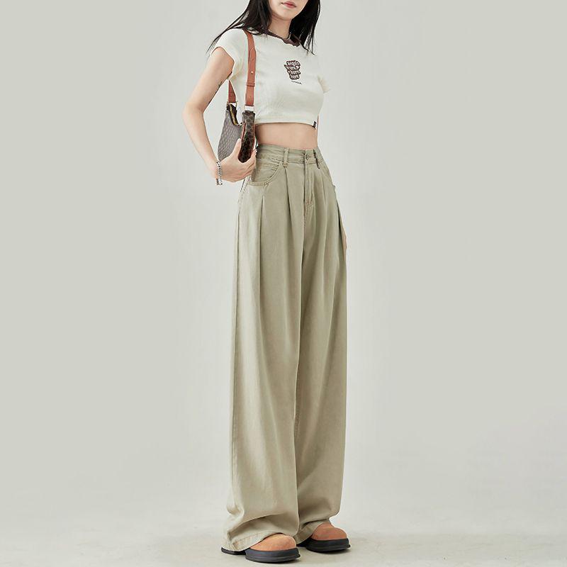 Women's 2024 Spring White High-Waisted Loose Pleated Wide-Leg Floor-Length Jeans