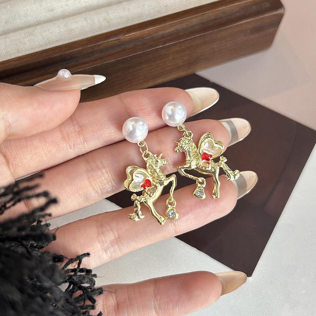 Year of the Horse 925 Sterling Silver Diamond Enamel Stud Earrings with Pearls - Retro High-End Design