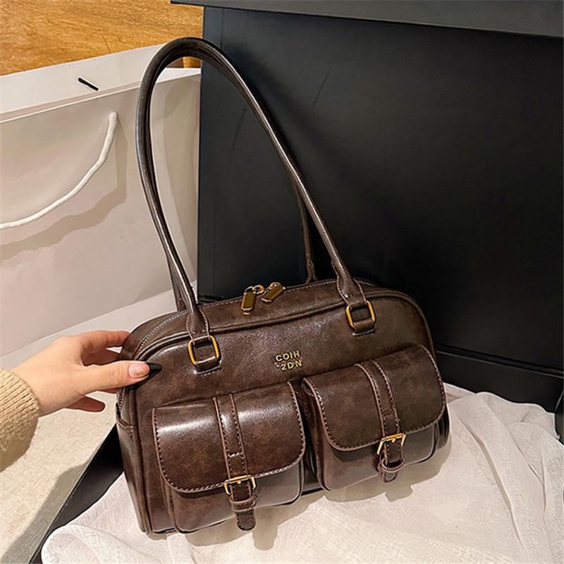 Borsa a Mano da Donna Marrone Caffè Multi-tasche Borsa a Spalla, Elegante Versatile Borsa a Tracolla con Lettere per Viaggio Lavoro Shopping Appuntamenti