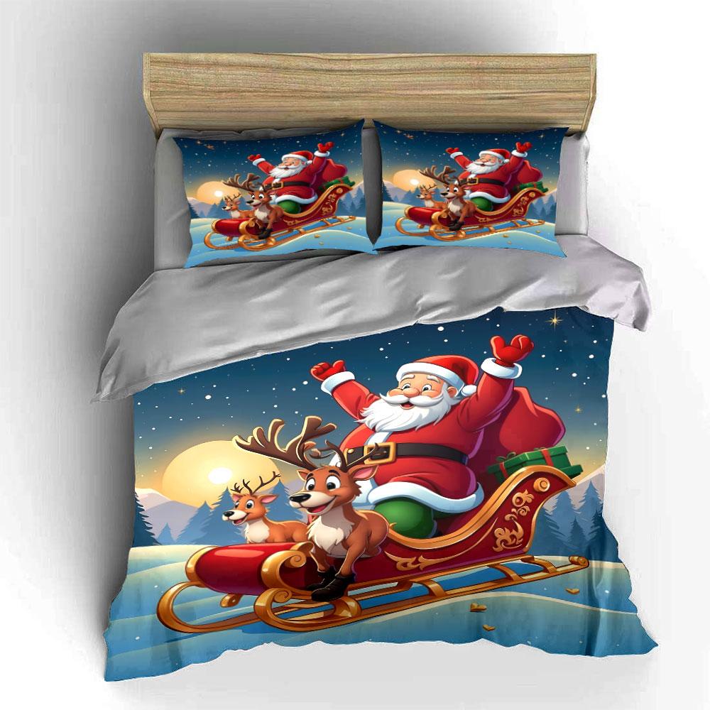 Santa Claus Sleigh with Reindeer Bedding Duvet Cover Set Duvet Cover Pillowcases (1*Duvet Cover 2*Pillowcases, Without Duvet Insert)