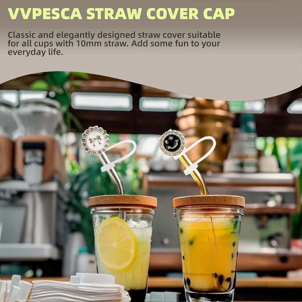 6 Pcs Bling Straw Covers Cap for 30&40 Oz Stanley Cup, 10mm (0.4inch) Gold Black White Silicone Toppers for Water Tumblers,Cute Reble Straw Tip Lids