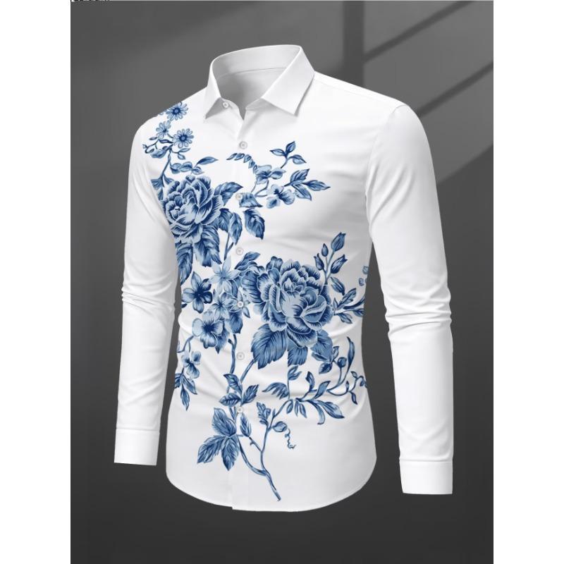 New Red Background Black Herringbone Baroque Print Men's Long Sleeved Shirt, Light Luxury Casual Formal Shirt