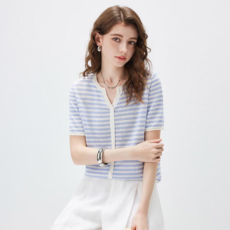 Women s Linen Blend Striped Short Sleeve Knit Top XL