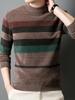 Winter Striped Crew Neck Sweater for Men - Casual Polyester Blend, Medium Stretch, Long Sleeve Knit Pullover with Rib-Knit Regular Fit Warm Sweater
