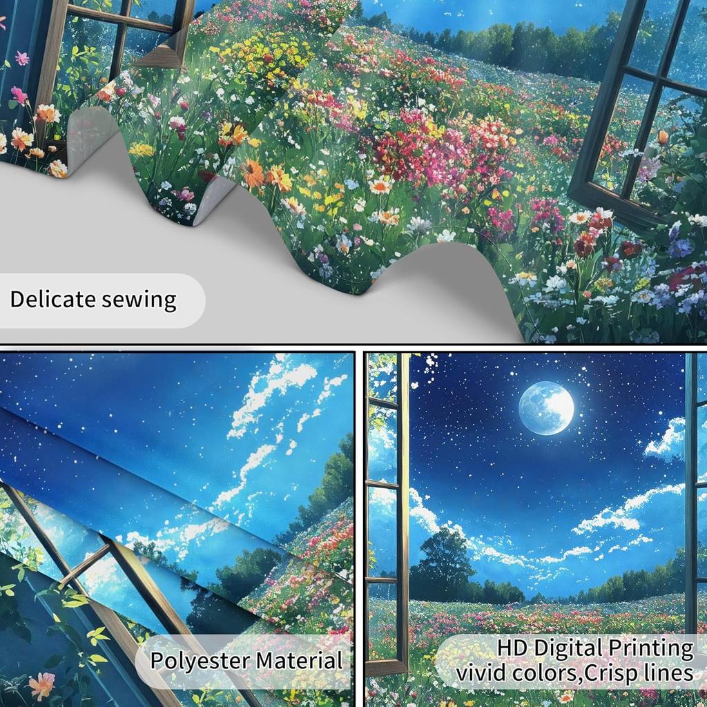 Wildflower Moon Tapestry, Window Forest Plant Green Leaf and Garden Colorful Floral Wall Tapestry for Bedroom, Night Sky Wall