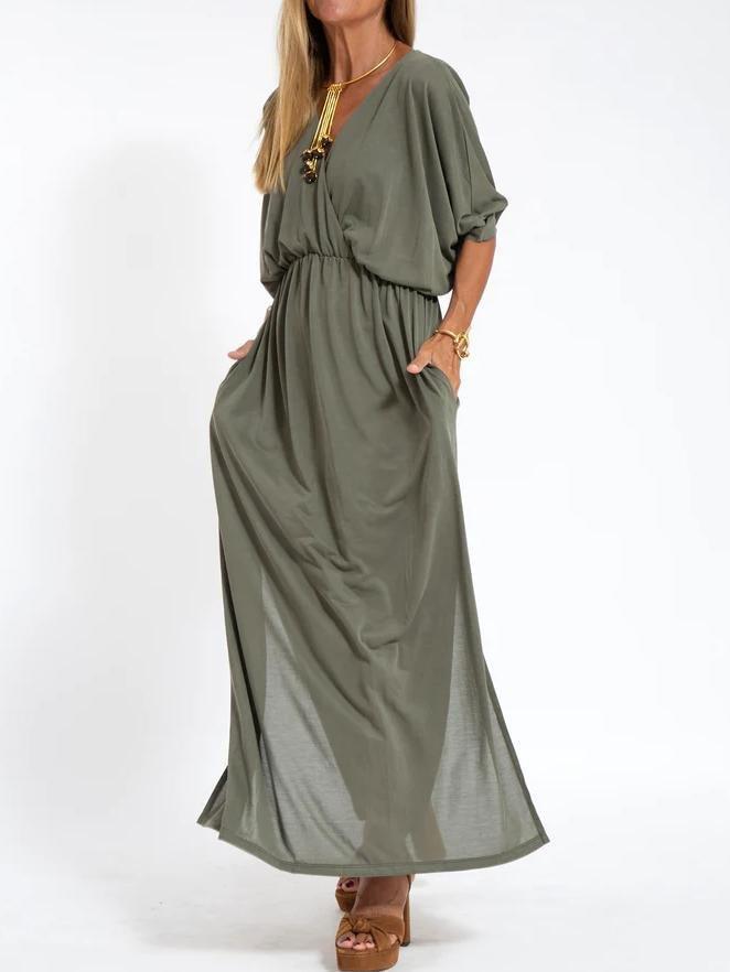 European And American Style Summer New Products, Fashionable Solid Color High-Waisted Split V-Neck Dress