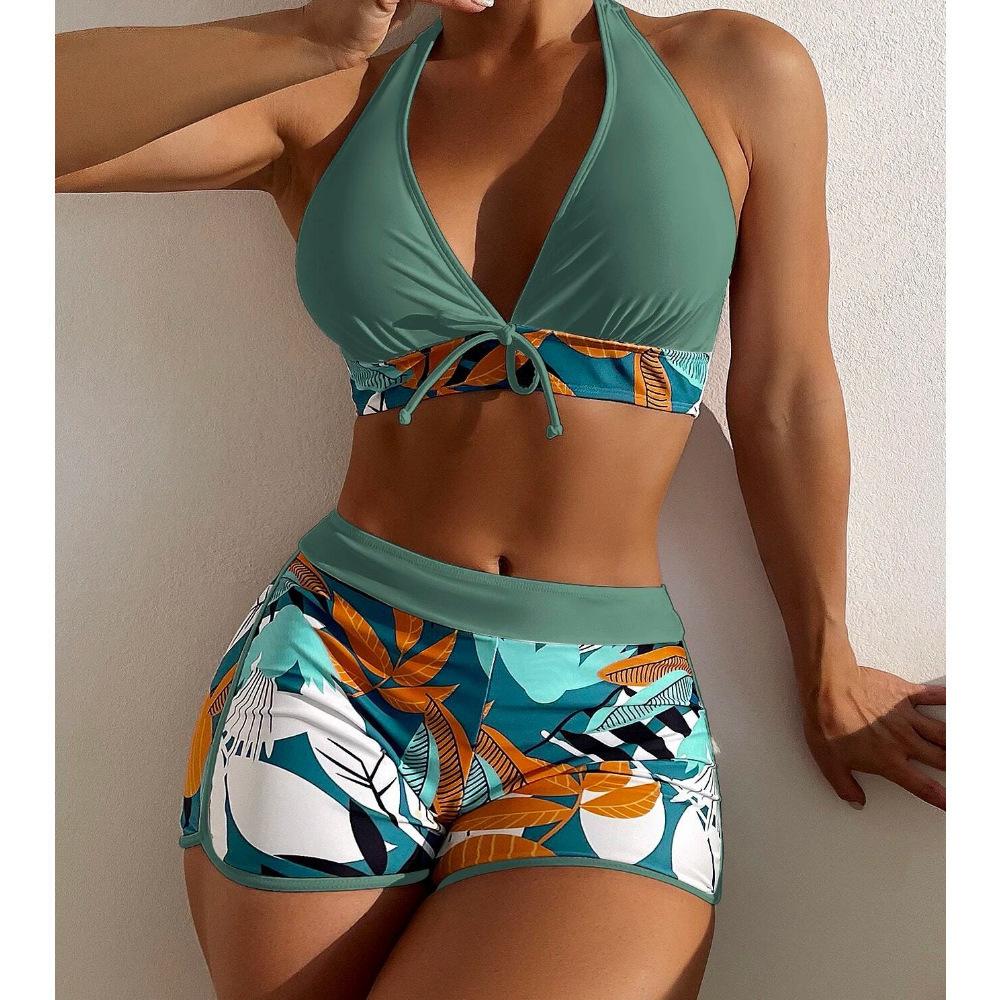 Europe and The United States Swimsuit Ladies Print Neck Conservative Flat Angle High Waist Split Flat Angle Bikini High Waist