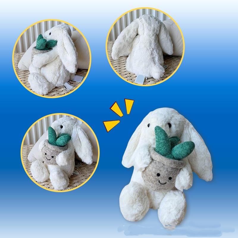 New Bunny Plush Toy Holding Potted Plant, Cute Rabbit Stuffed Doll, Desktop Ornament for Home Decor