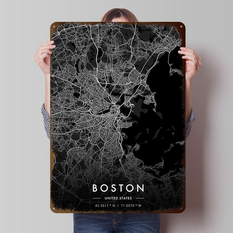 Boston City Map Dark Tinplate Posters Customizable Wall Art Retro Vintage Metal Signs for Home Room Wand Deko Setup Decorations