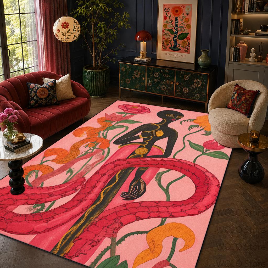 Bohemian Retro Floral Snake Print Living Room Carpet Machine Washable Easy Clean Lounge Rug Fluffy Soft Bedroom Decoration Mat