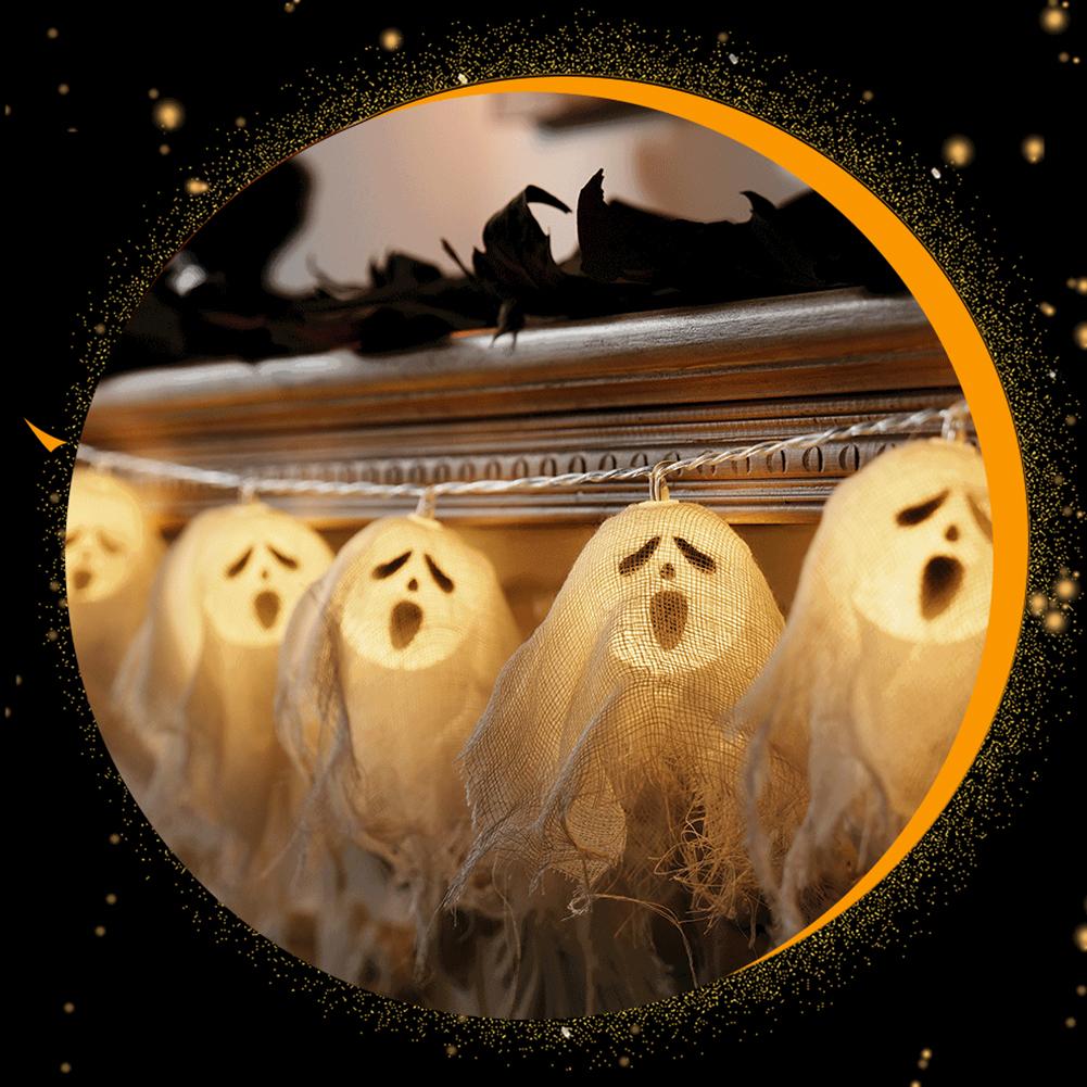 Halloween LED Ghost String Lights Flickering Pumpkin Lights Hanging Decoration Pumpkin Indoor/Outdoor Halloween Porch Decor