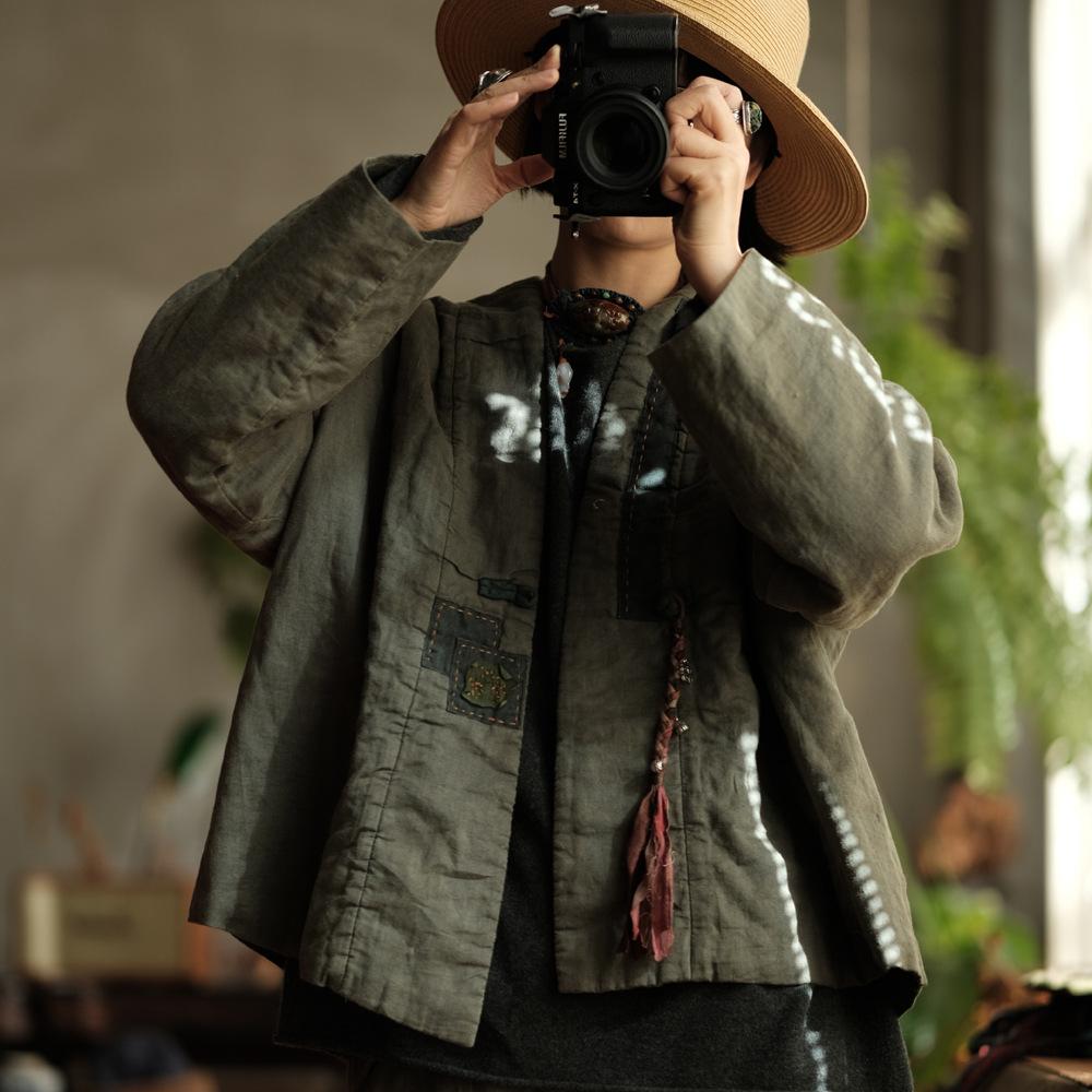 Johnature Vintage Women Patchwork V-Neck Long Sleeve Coats Autumn Single Button Coats