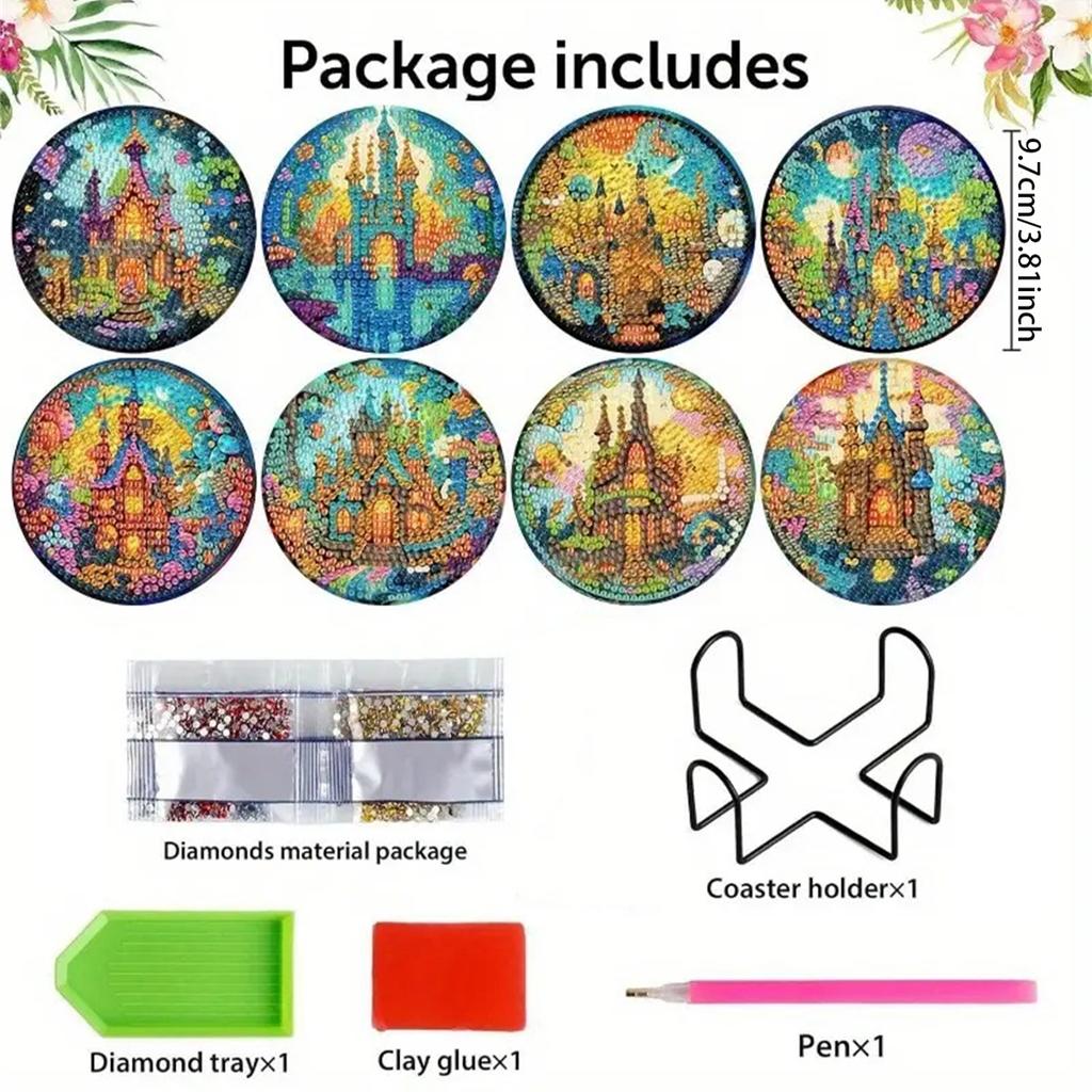 8 kusů/sada podtácků se vzorem diamantového hradu, DIY podtácky s držákem, Vhodné pro začátečníky a dospělé, Dárky pro umělecké a řemeslné potřeby