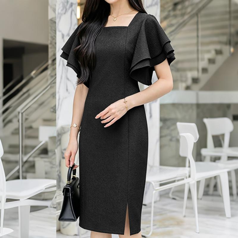 ZANZEA Women Elegant Square Collar Ruffles Short Sleeve Dress M чёрный