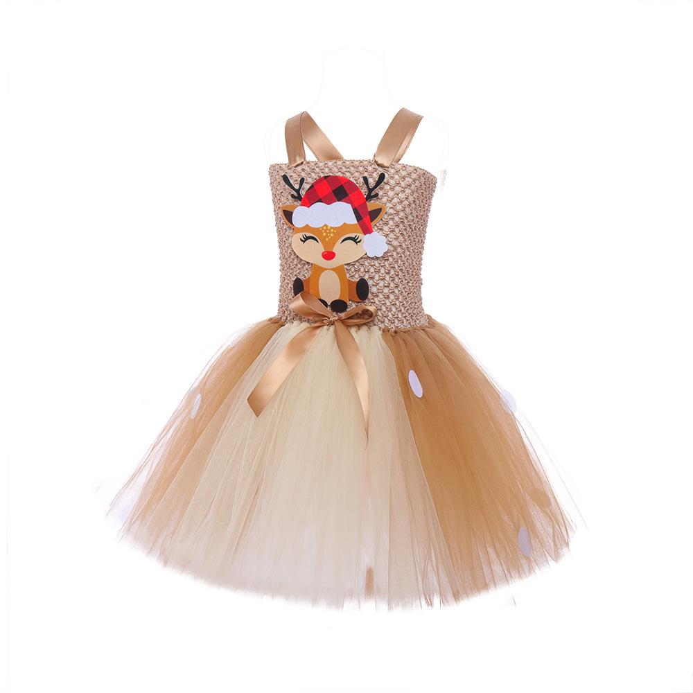Christmas children's clothing cartoon deer mesh dress Christmas cute elk girl princess dress