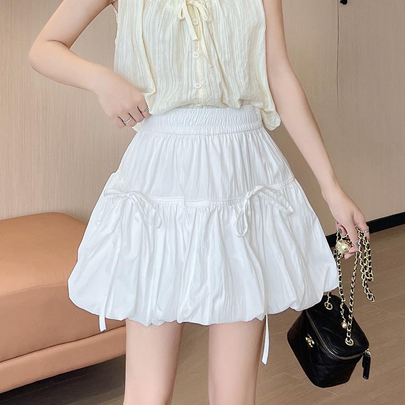 Bow Strap Bud Puffy Skirt Women's Summer Casual Elastic High-waisted A-shaped Skirt