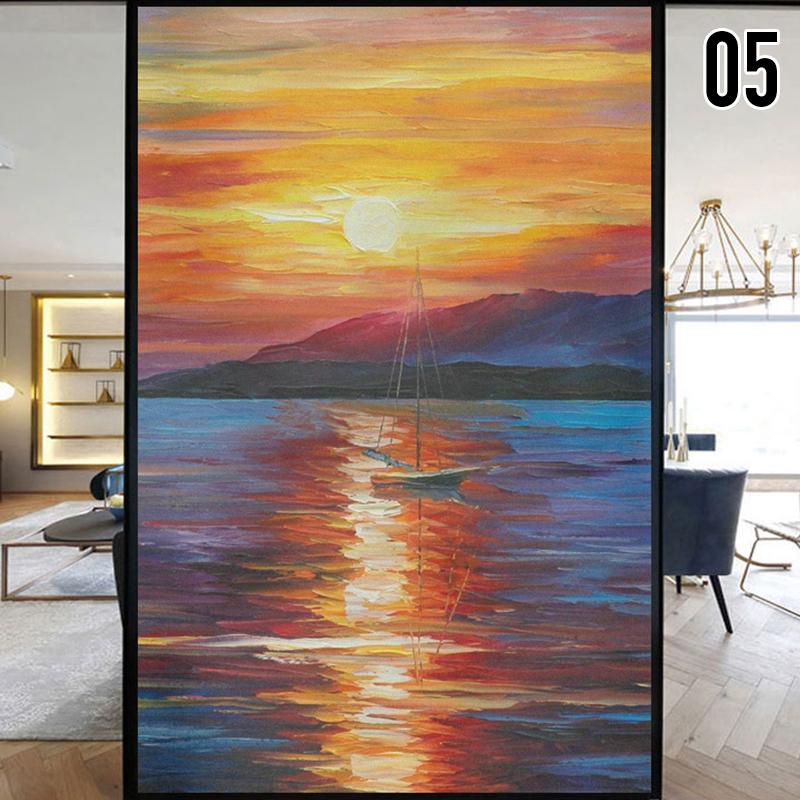 European Style Retro Privacy Windows Film Landscape Oil Painting Colorful Stained Glass Stickers Static Cling Glass Film