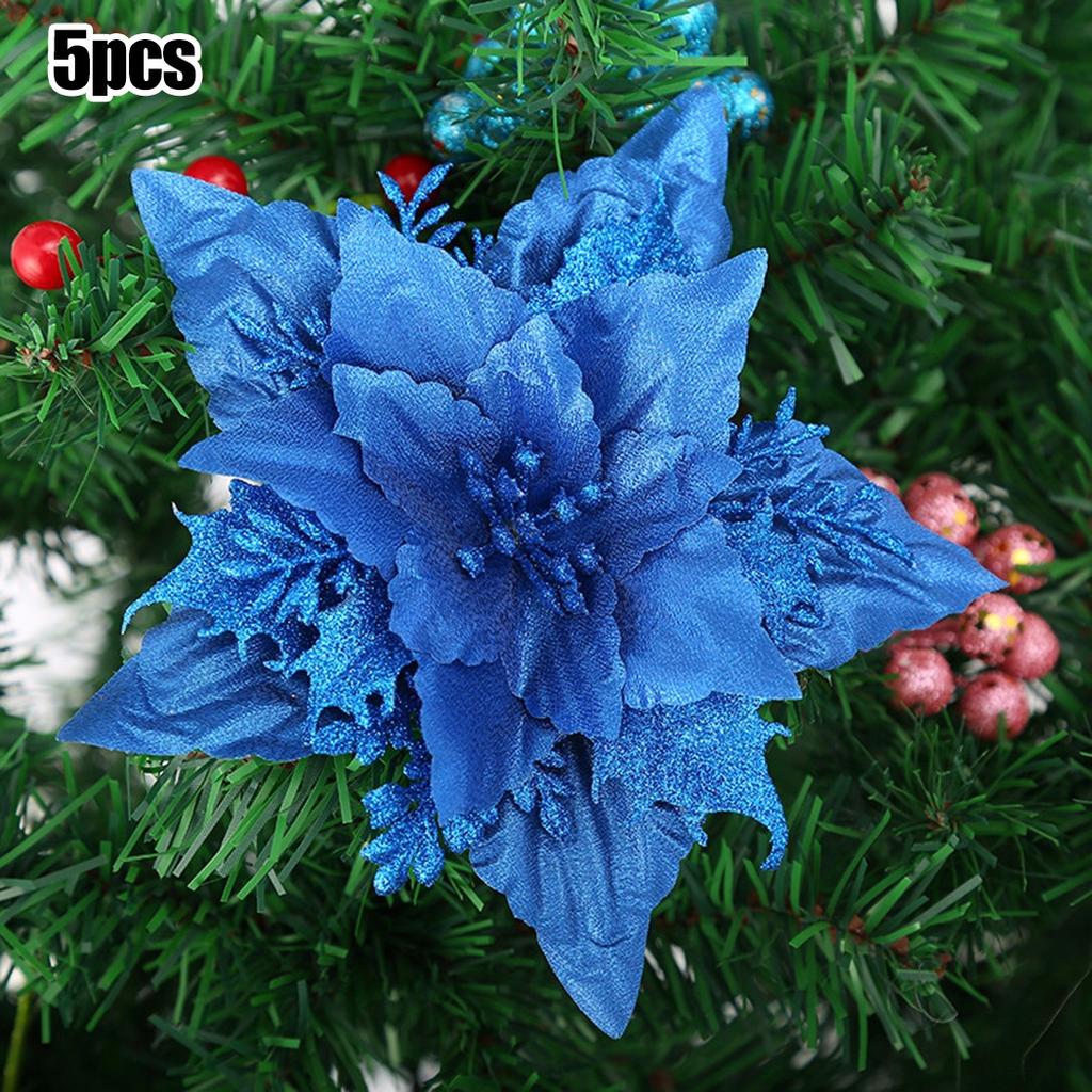 5 Pack Christmas Poinsettia Glitter Flower Ornaments in Colors