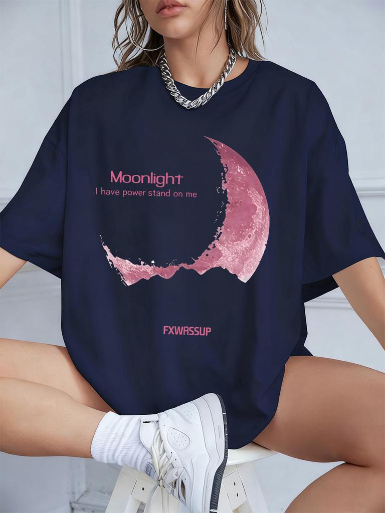 Plus Beautiful Moonlight Prints T-Shirts Womens Summer Cotton Short Sleeve T Shirt O-Neck Comfortable Loose Tops Casual Clothes