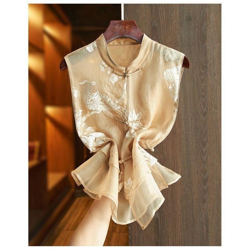 Women Bird And Floral Embroidered Mandarin Collar Frog Button Double Layer Organza Vest