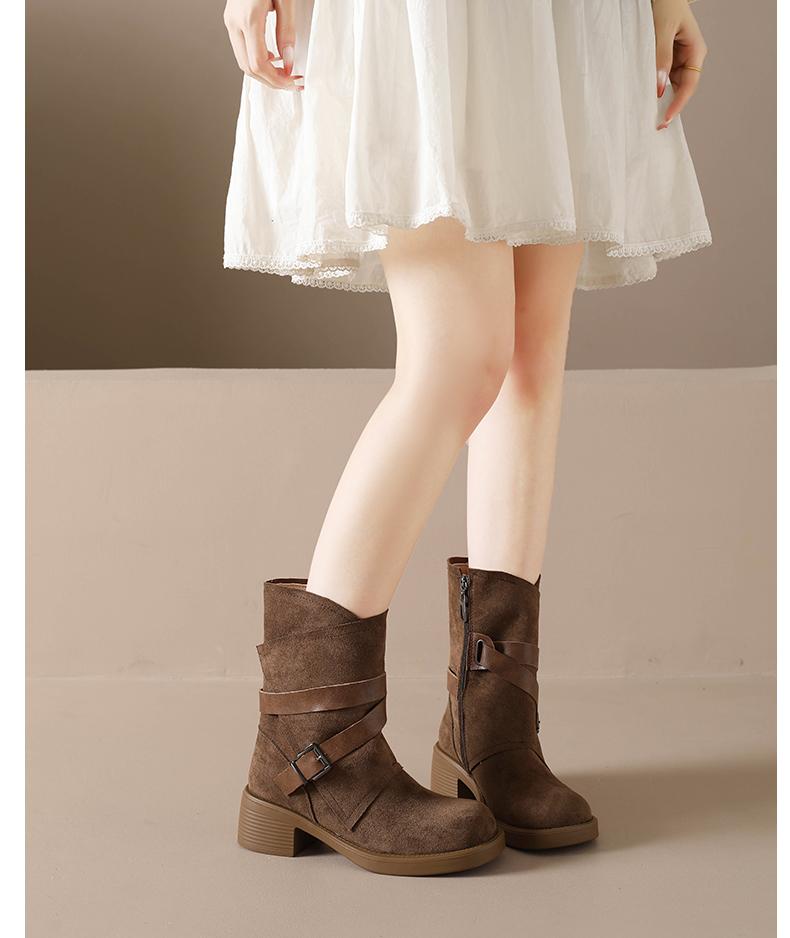 Fashion Western Cowboy Boots Women Fall New Round Toe Metal Belt Buckle Pleated Stack Vintage Block Heel Shortho Boots