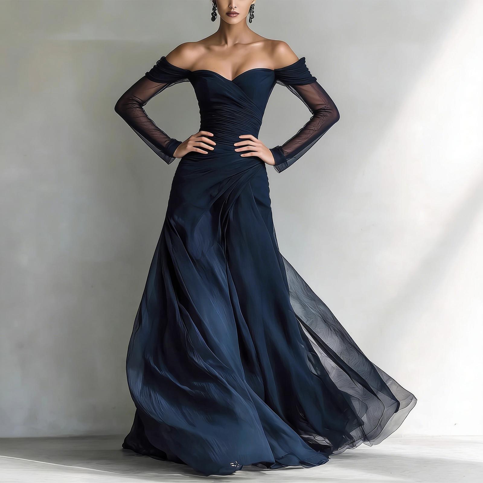 Женское Повседневное Элегантное Сетчатое Пэчворк Платье-Макси Без Бретелей L синий