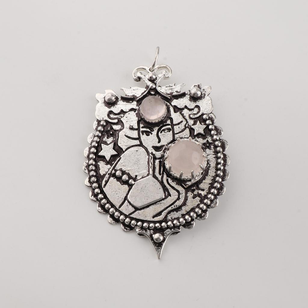 Gemma Naturale di Quarzo Rosa Argento Sterling 925 Gioielli da Donna Ciondolo a Due Pietre 1.9" Per Regalo CP-44-24