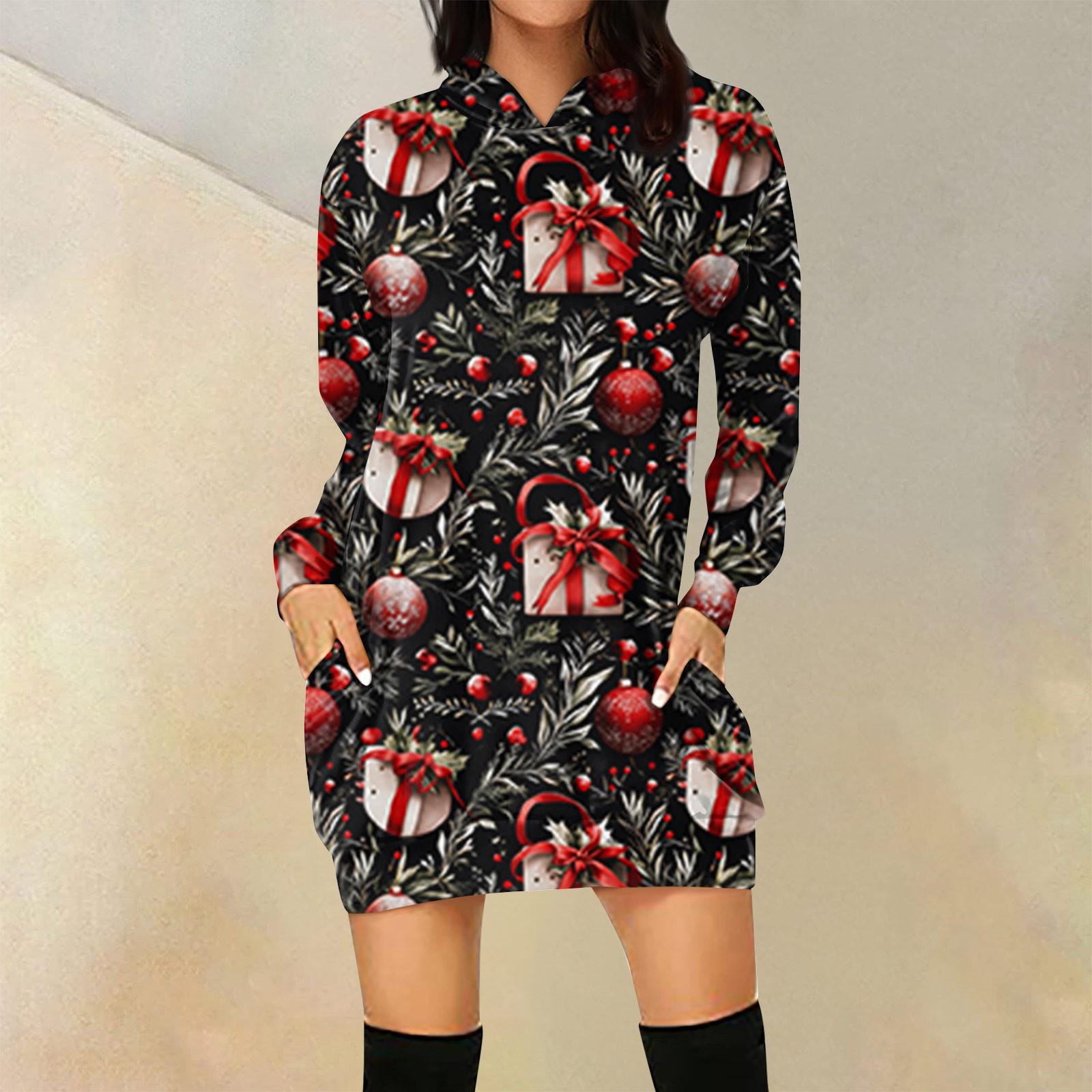 Женская свободная повседневная толстовка с капюшоном и карманом с длинными рукавами с рождественским принтом длинный топ L чёрный 1753₽