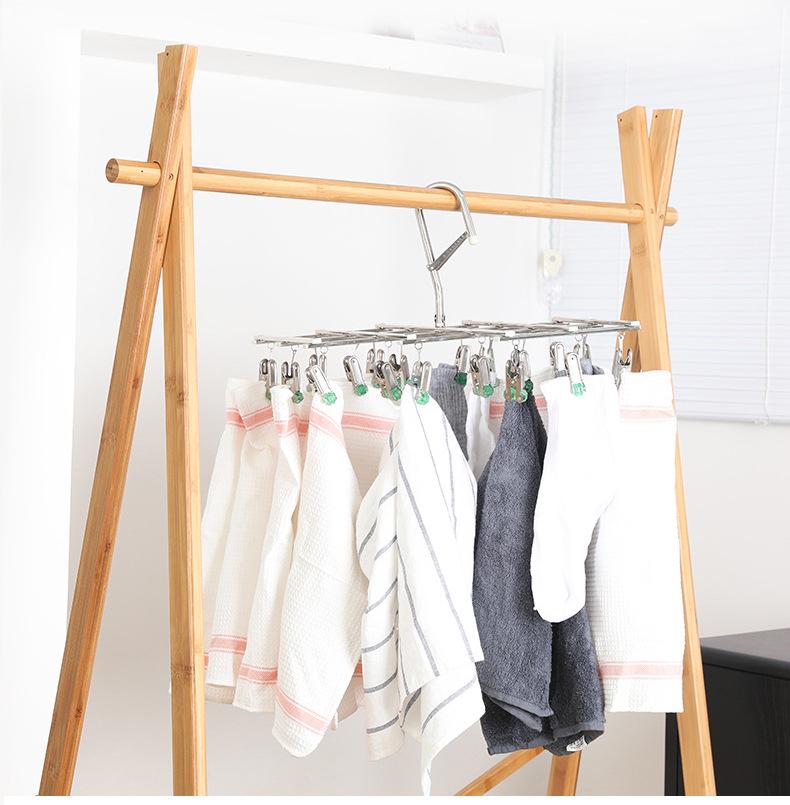 Stainless Steel Portable Folding Clothes Hanger with Multiple Clips for Socks & Drying