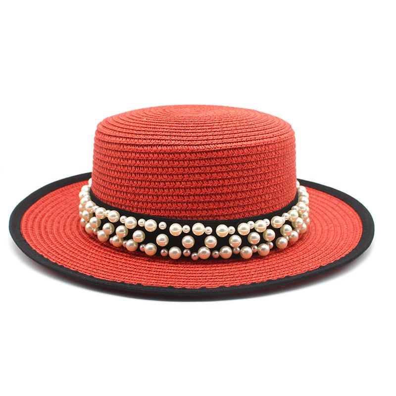 Summer Sunshade Sunscreen Big Brim Top Hat Women'S French Retro Pearl Chain Flat Top Hat Casual Versatile Straw Hat