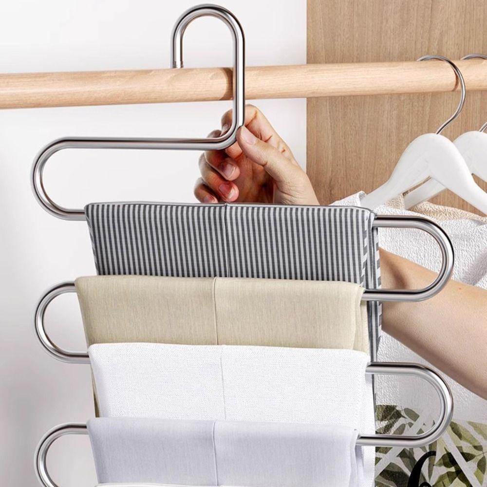 5pcs Stainless Steel Pants Rack Multi-Functional Five-Layer Storage Rack Anti Slip S-shaped Design Multi-Layer Hanger